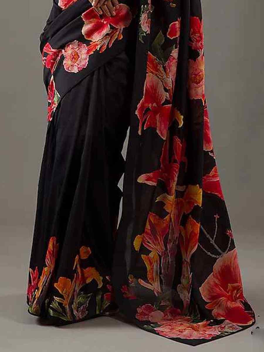 Black Bright Moss Printed Festival Casual Contemporary Saree