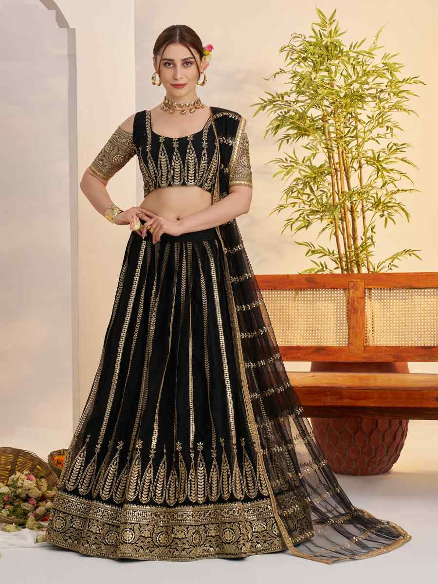 Black Butterfly Net Embroidered Bridal Wedding Reception Festival Heavy Border Lehenga Choli