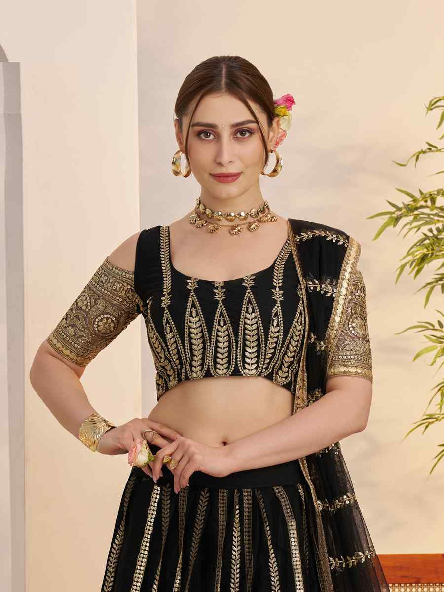 Black Butterfly Net Embroidered Bridal Wedding Reception Festival Heavy Border Lehenga Choli