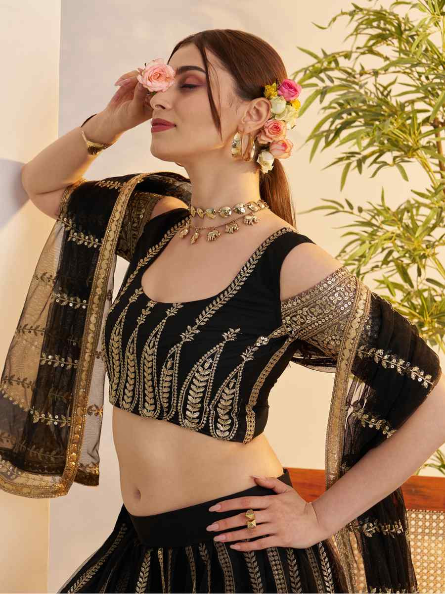 Black Butterfly Net Embroidered Bridal Wedding Reception Festival Heavy Border Lehenga Choli
