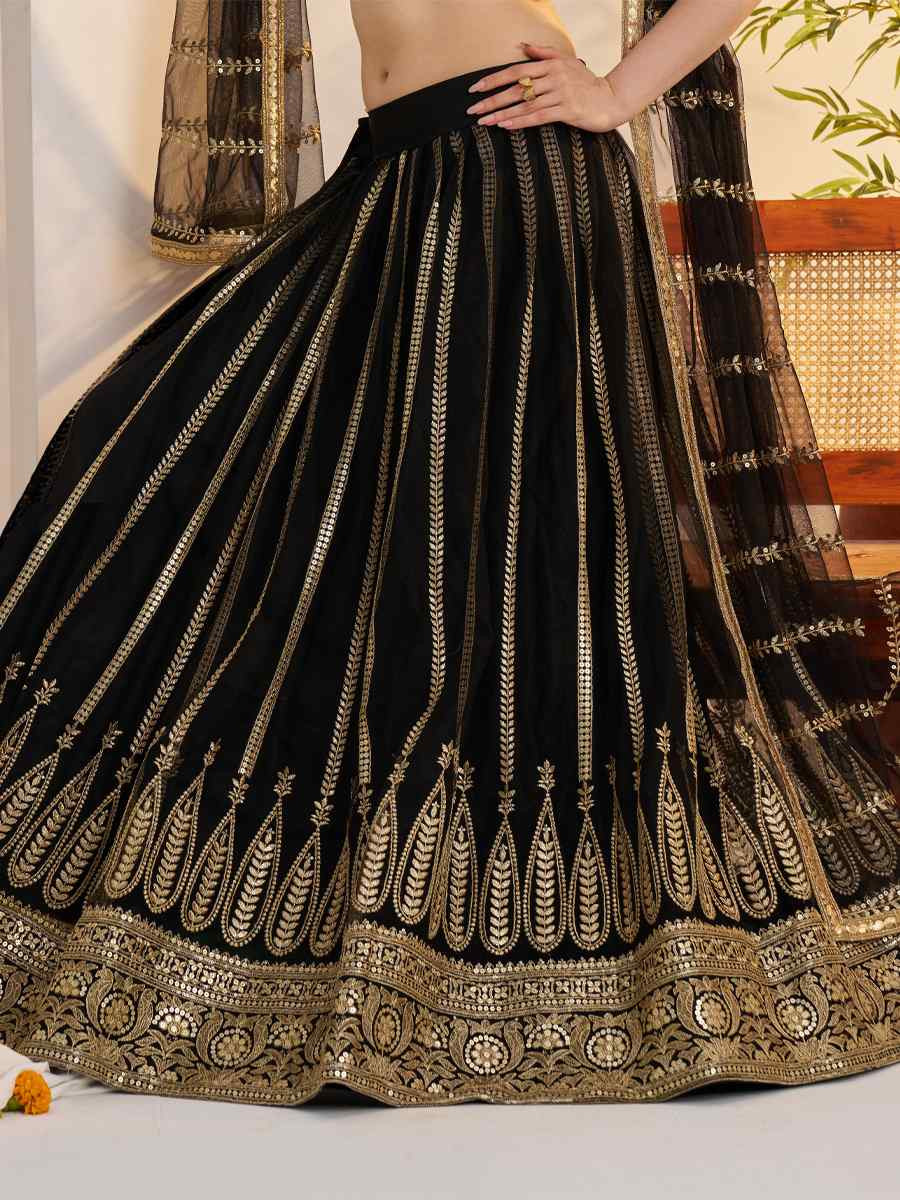 Black Butterfly Net Embroidered Bridal Wedding Reception Festival Heavy Border Lehenga Choli
