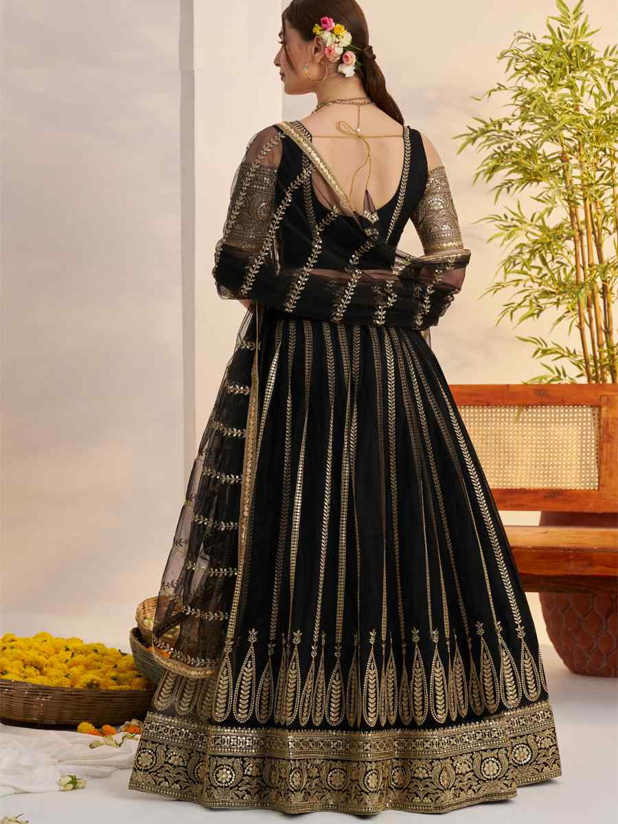 Black Butterfly Net Embroidered Bridal Wedding Reception Festival Heavy Border Lehenga Choli