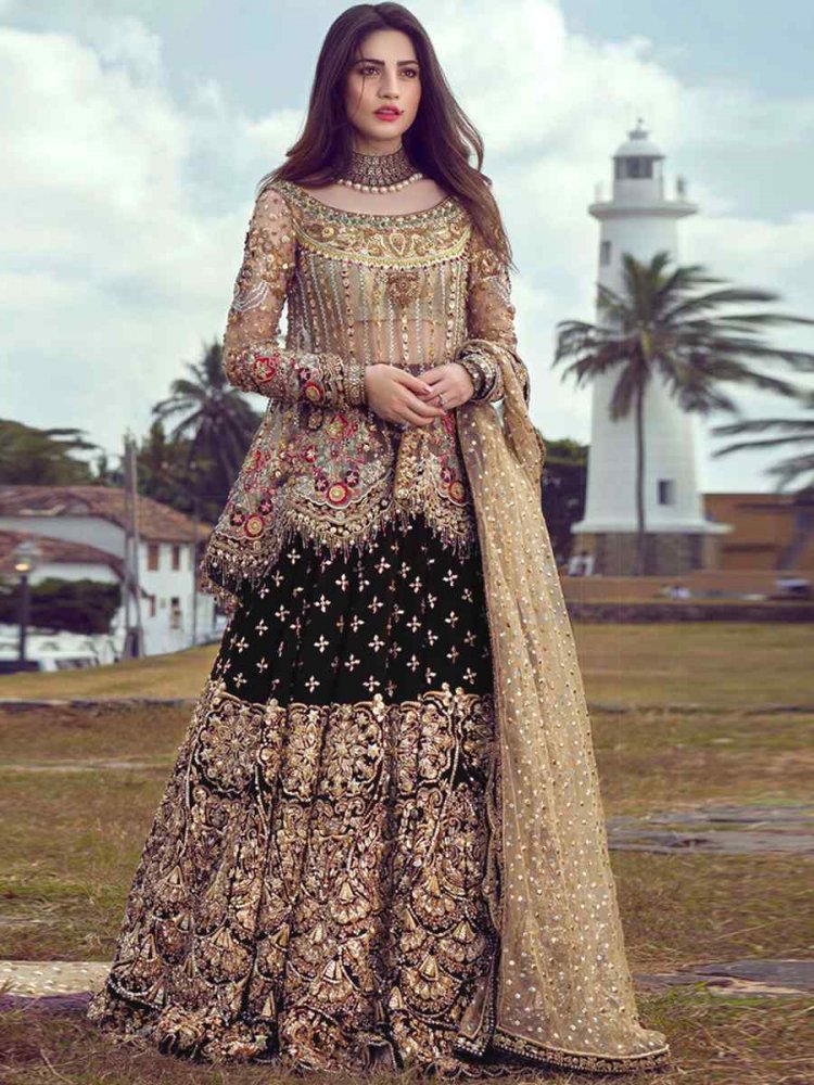 Black Butterfly Net Embroidered Engagement Party Kurti Lehenga Choli