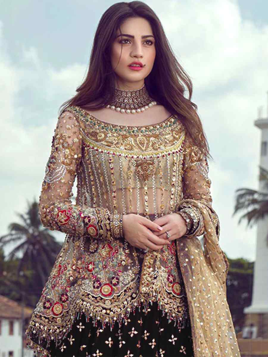 Black Butterfly Net Embroidered Engagement Party Kurti Lehenga Choli