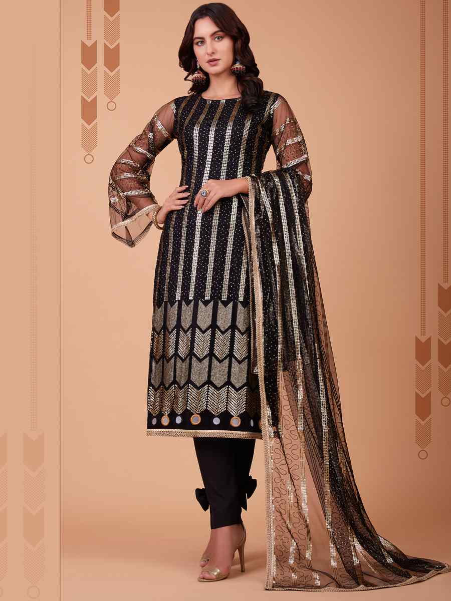 Black Butterfly Net Embroidered Festival Party Pant Salwar Kameez