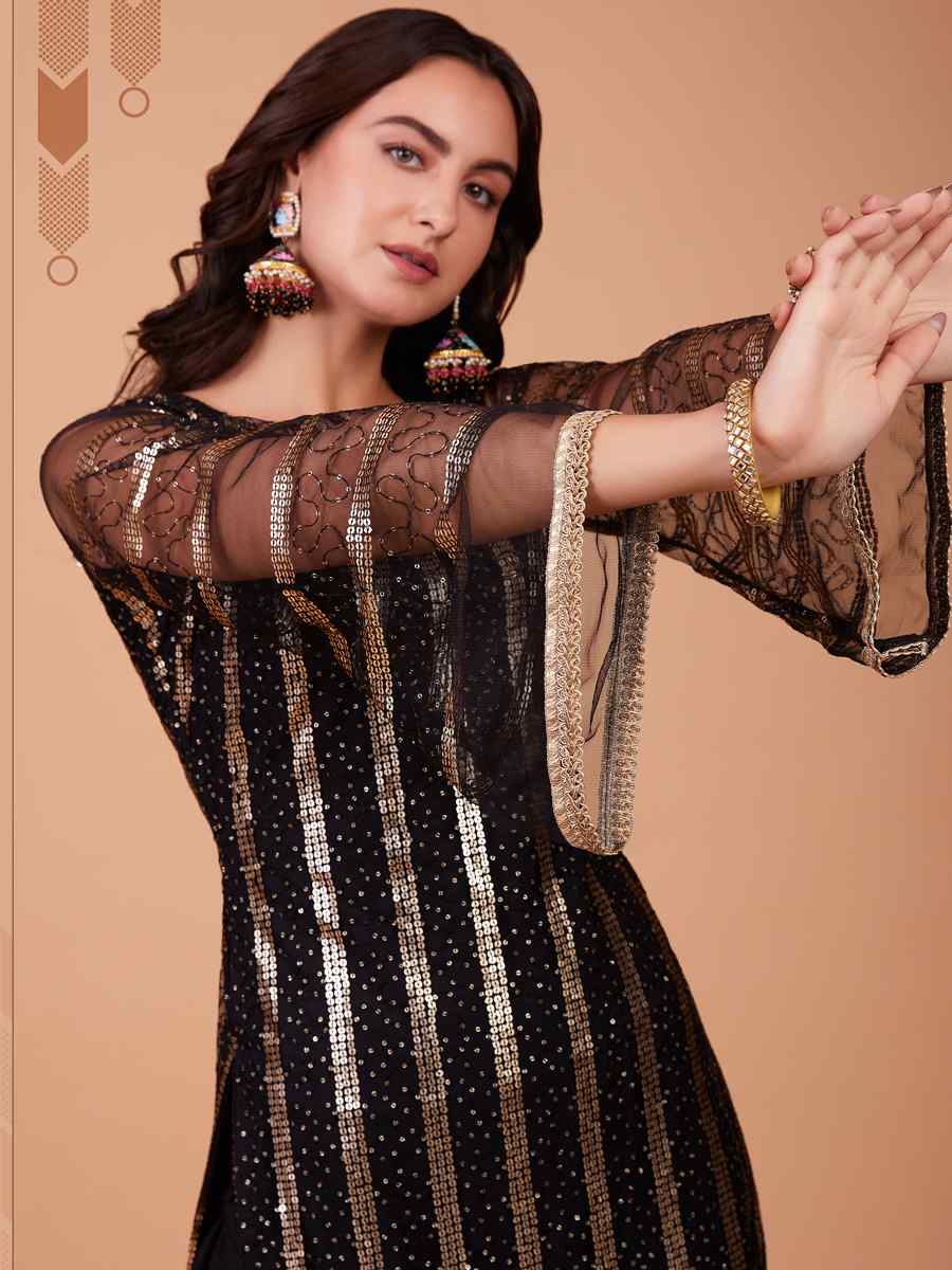 Black Butterfly Net Embroidered Festival Party Pant Salwar Kameez