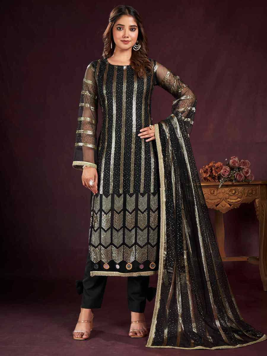 Black Butterfly Net Embroidered Festival Wedding Pant Salwar Kameez