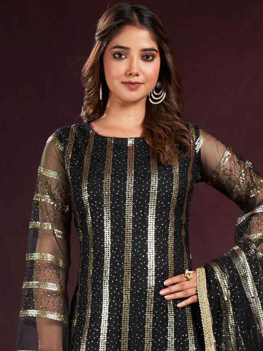 Black Butterfly Net Embroidered Festival Wedding Pant Salwar Kameez