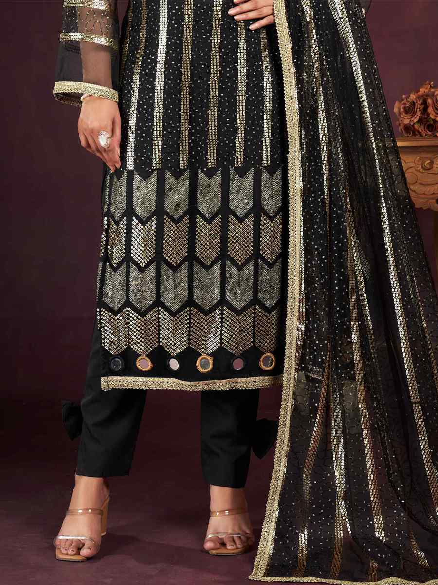 Black Butterfly Net Embroidered Festival Wedding Pant Salwar Kameez