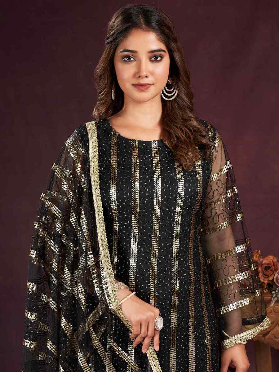 Black Butterfly Net Embroidered Festival Wedding Pant Salwar Kameez