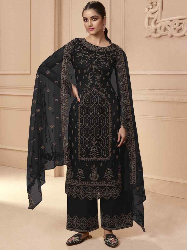 Black Butterfly Net Embroidered Wedding Festival Pant Salwar Kameez