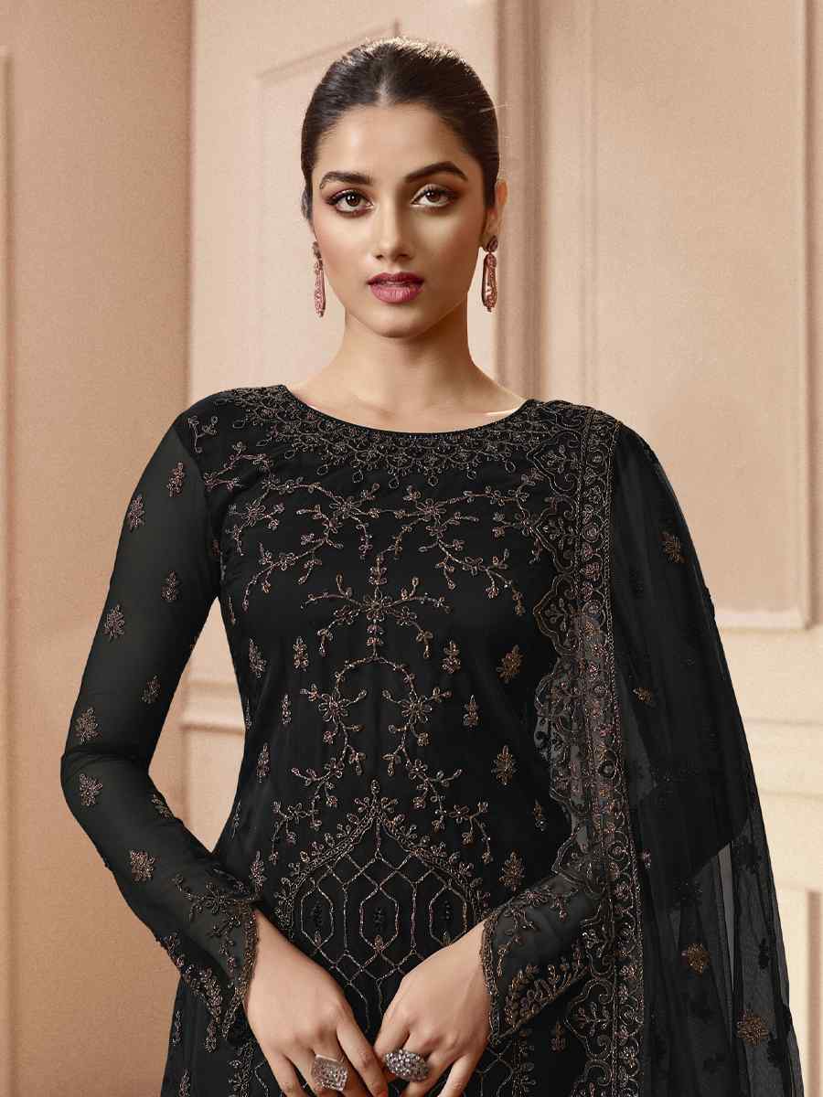 Black Butterfly Net Embroidered Wedding Festival Pant Salwar Kameez