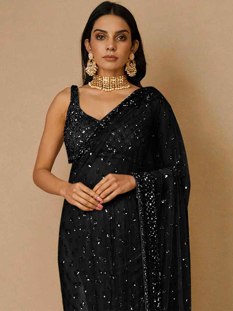 Black Butterfly Soft Net Sequins Party Festival Classic Style Saree