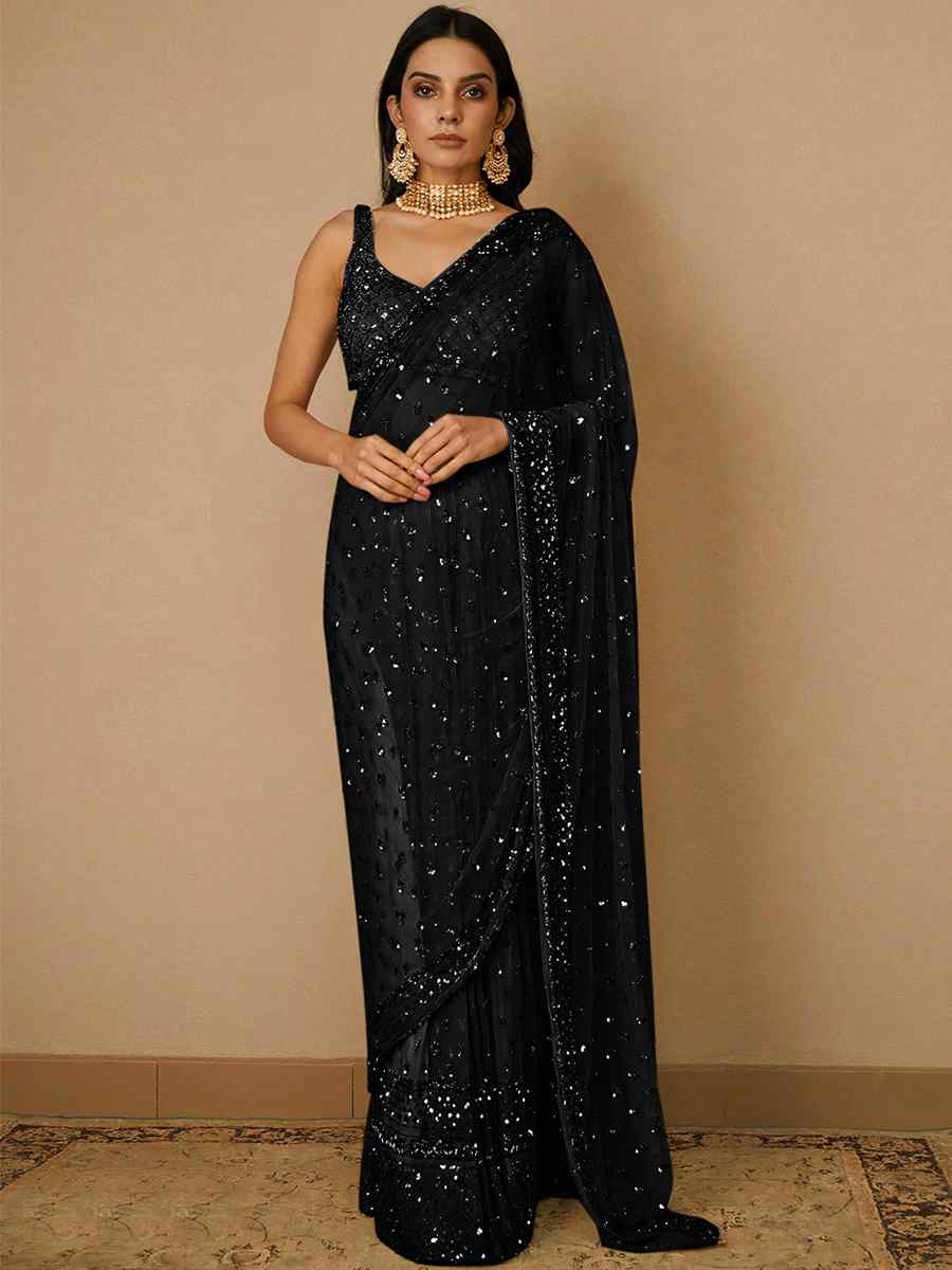 Black Butterfly Soft Net Sequins Party Festival Classic Style Saree