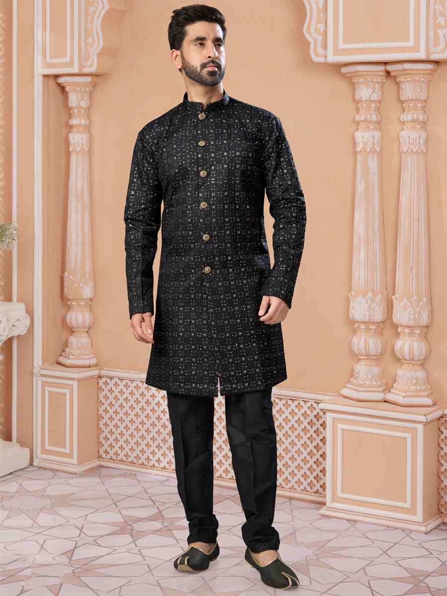 Black Champion Silk Embroidered Groom Wedding Sherwani