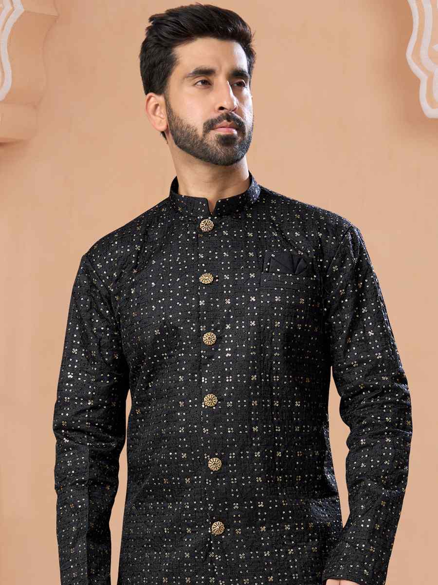 Black Champion Silk Embroidered Groom Wedding Sherwani
