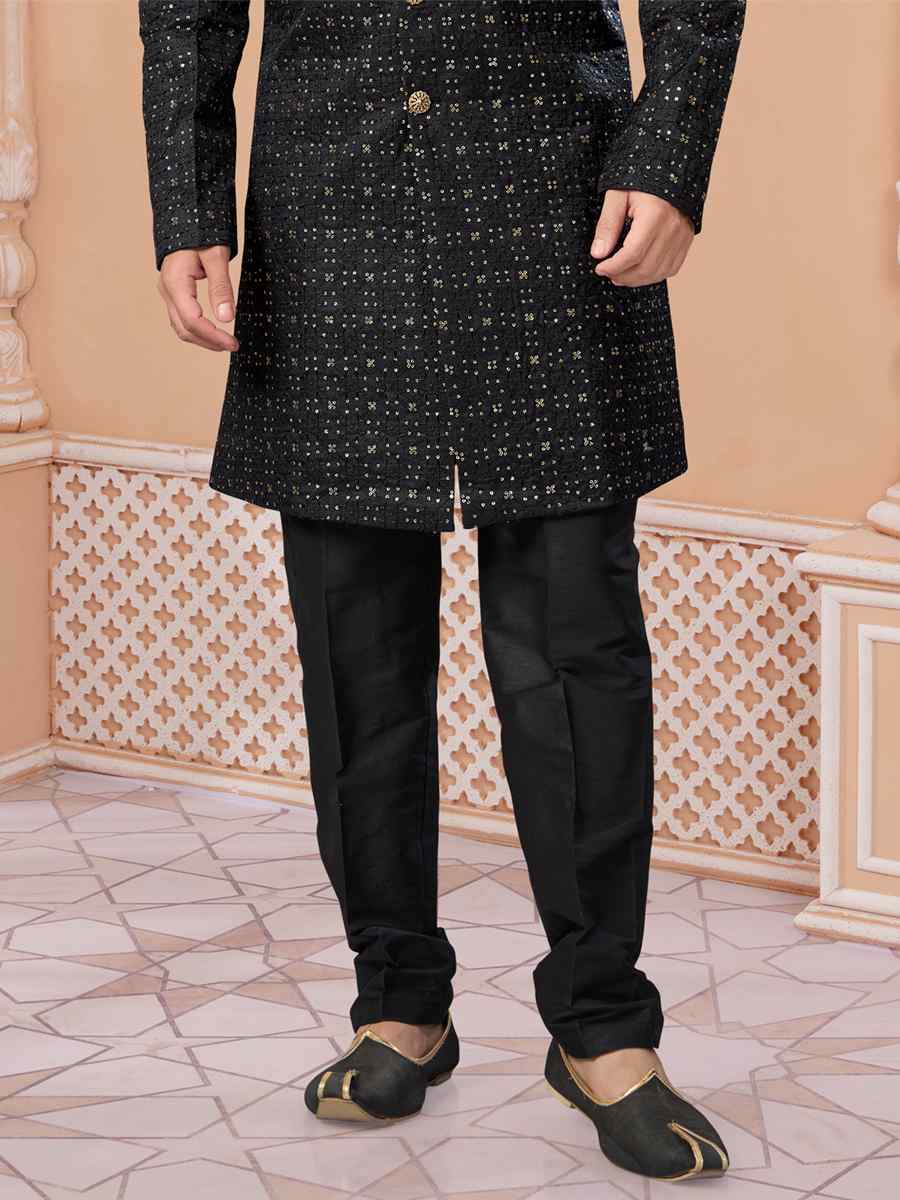 Black Champion Silk Embroidered Groom Wedding Sherwani
