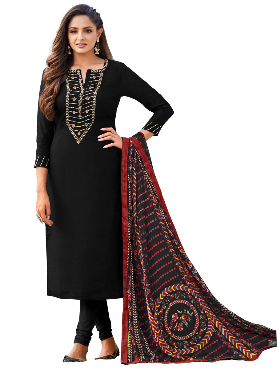 Black Chanderi Cotton Embroidered Party Churidar Pant Kameez