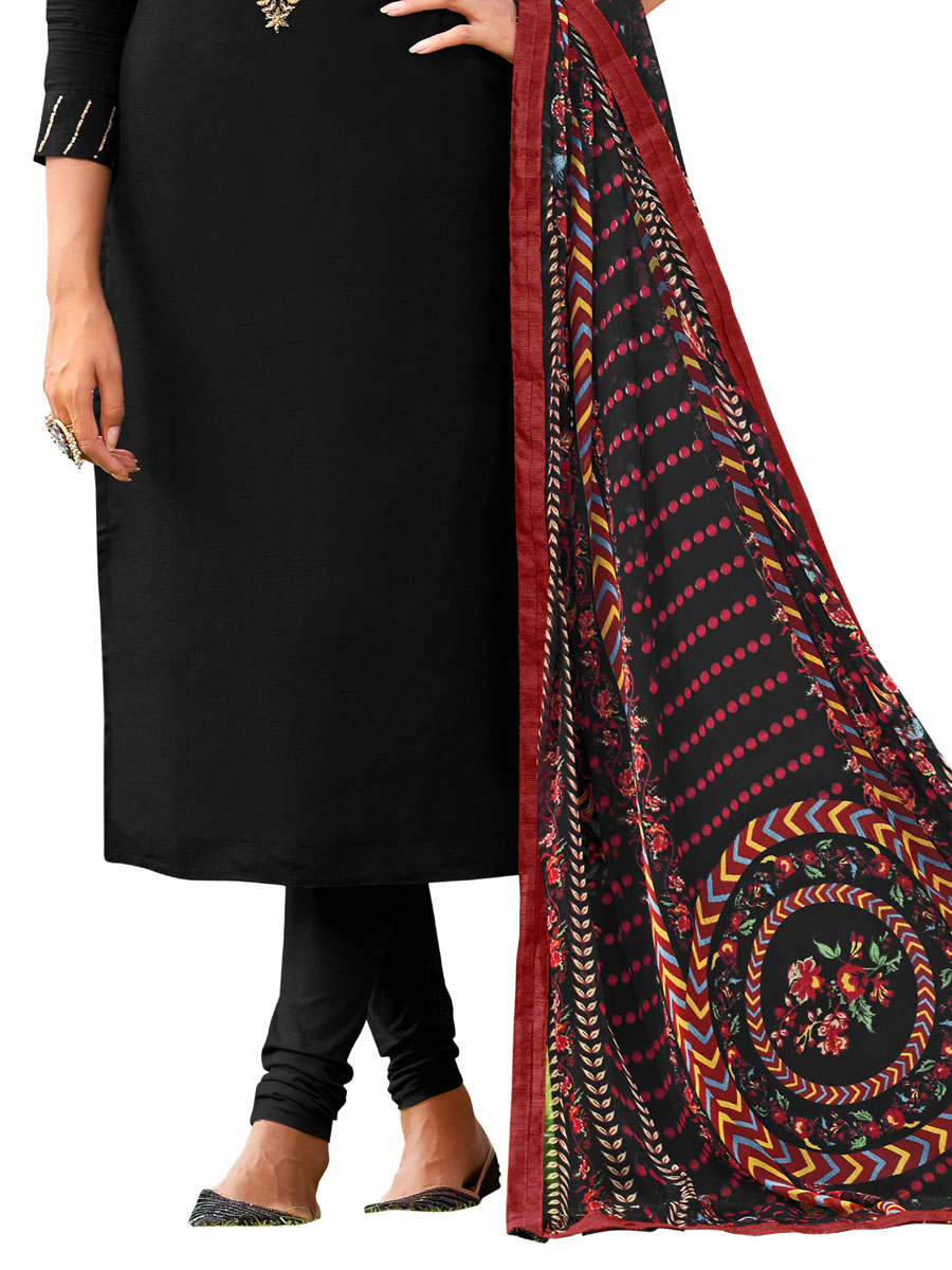 Black Chanderi Cotton Embroidered Party Churidar Pant Kameez