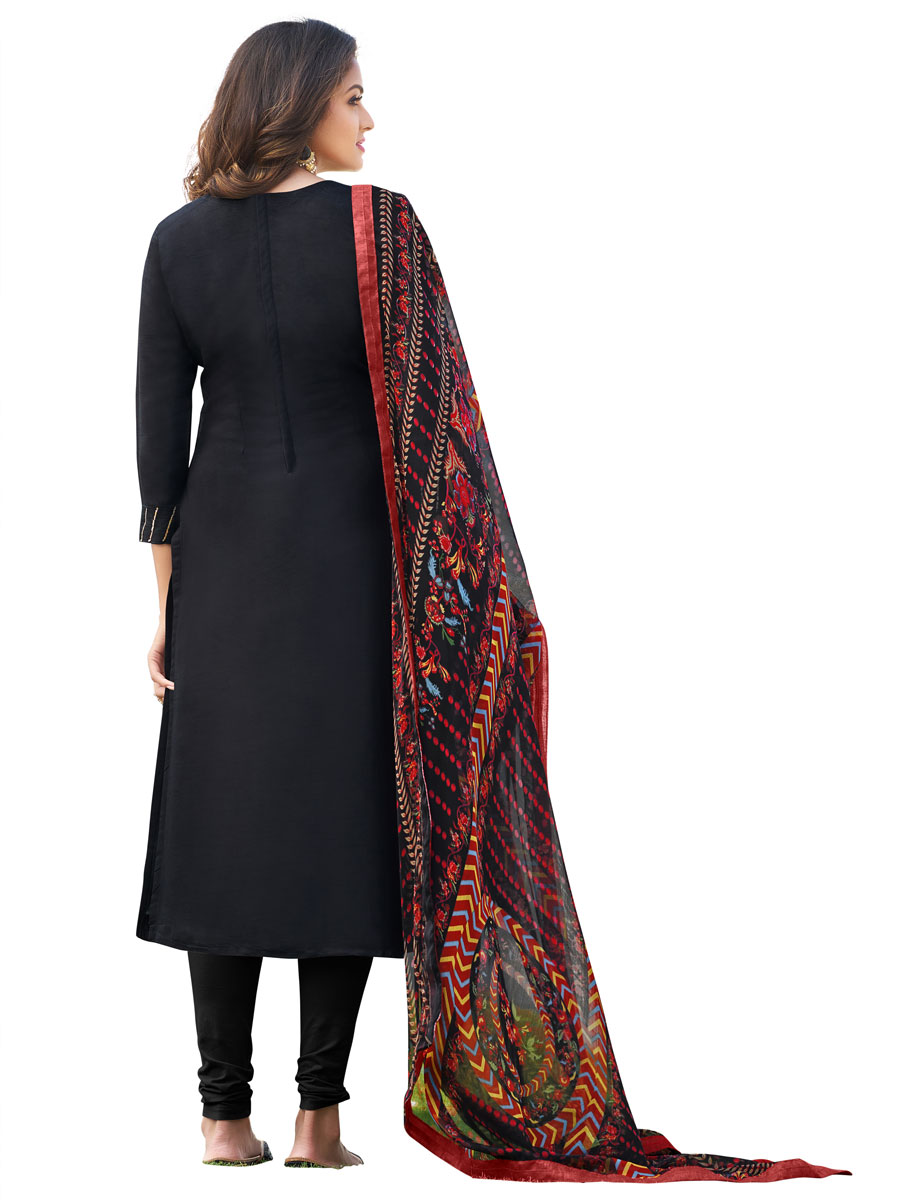 Black Chanderi Cotton Embroidered Party Churidar Pant Kameez