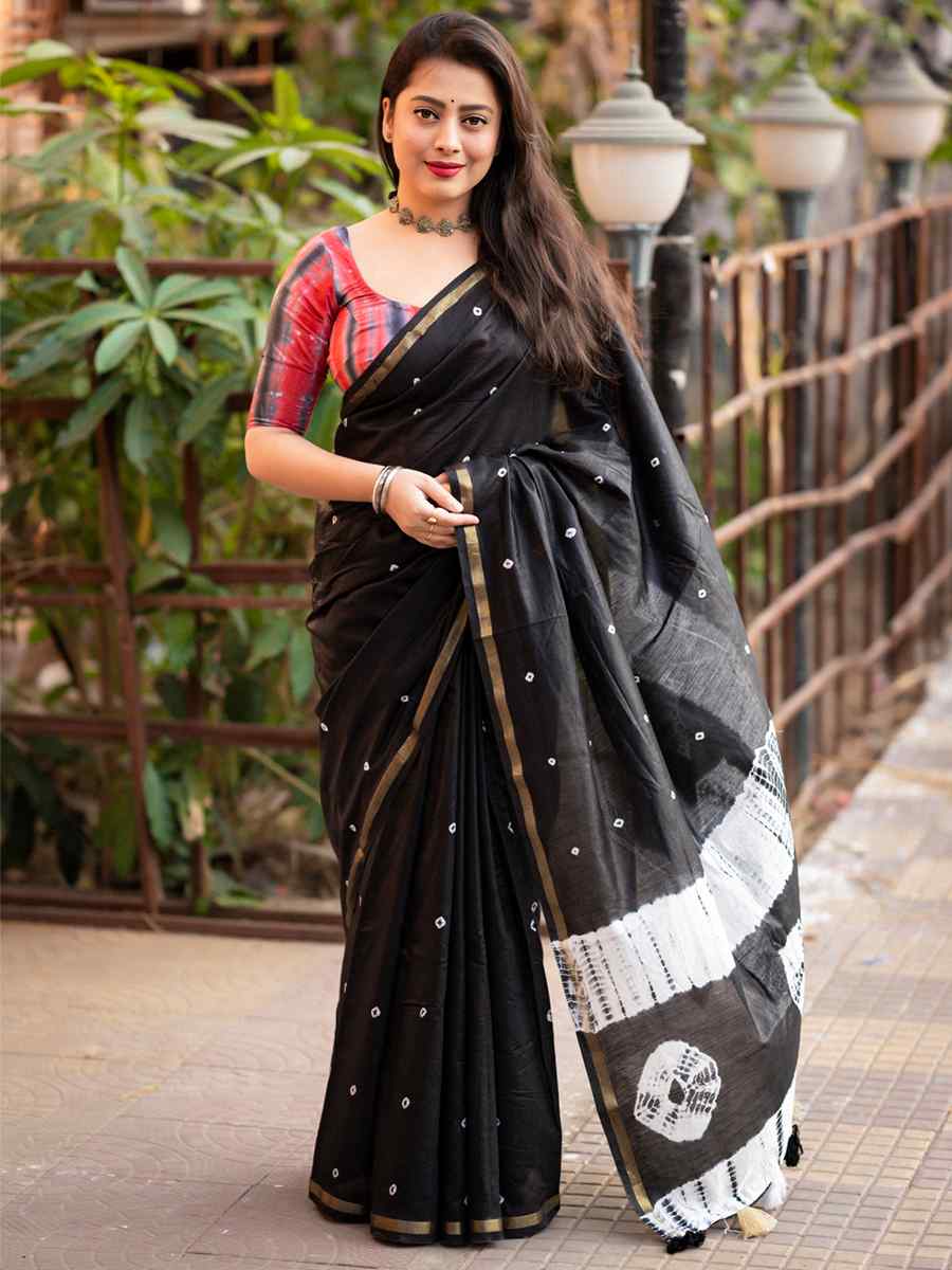 Black Chanderi Cotton Handwoven Party Festival Classic Style Saree