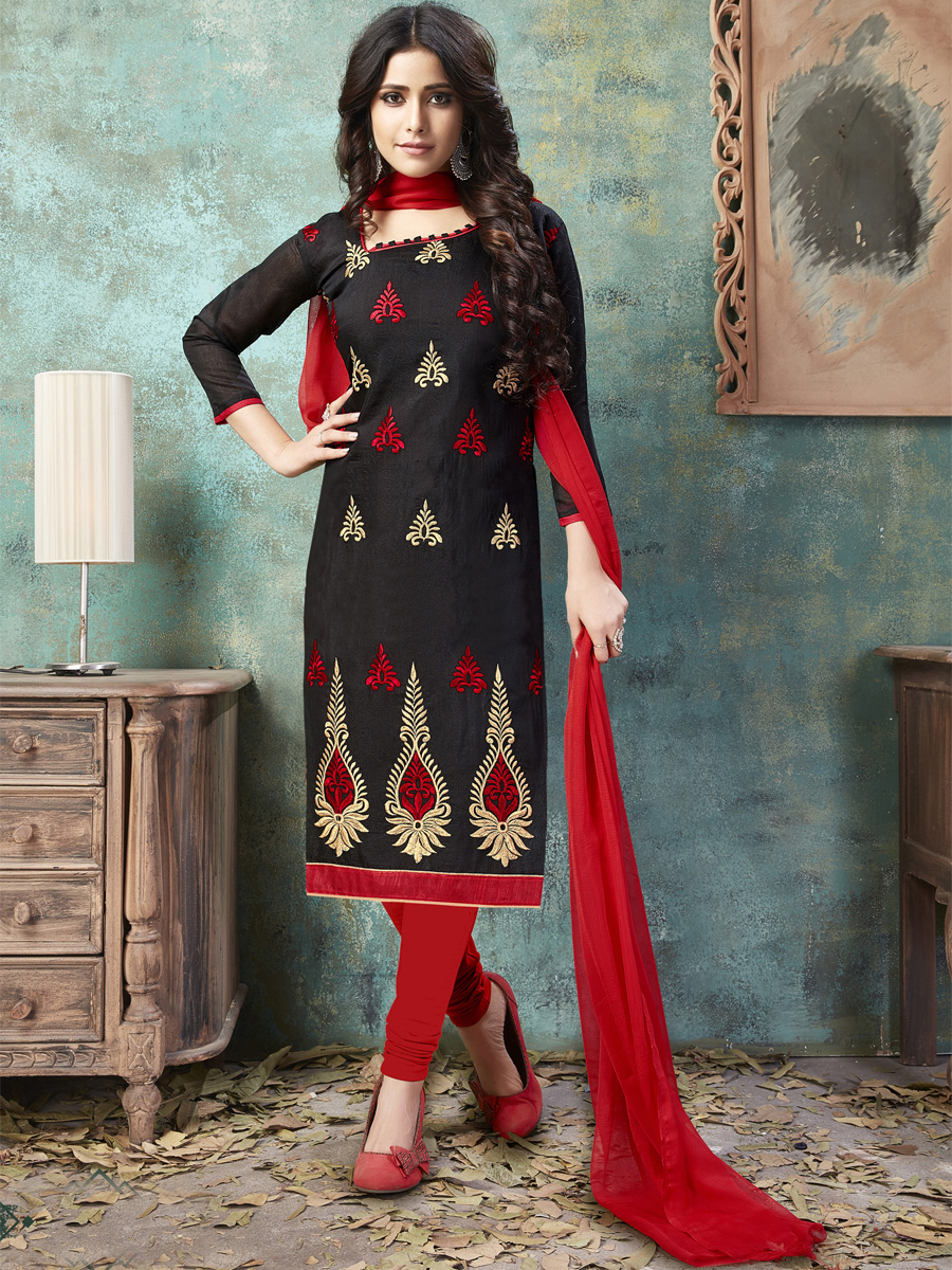 Black Chanderi Cotton Printed Casual Festival Churidar Salwar Kameez