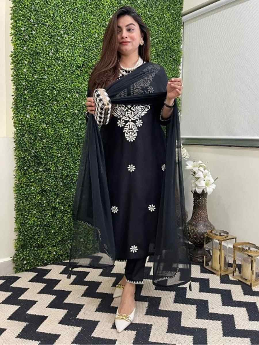Black Chanderi Embroidery Party Wedding Festival Casual Ready Pant Salwar Kameez