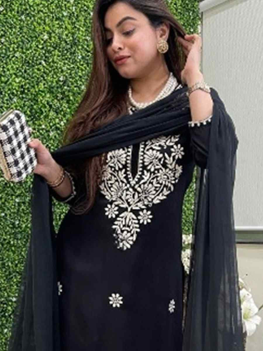 Black Chanderi Embroidery Party Wedding Festival Casual Ready Pant Salwar Kameez