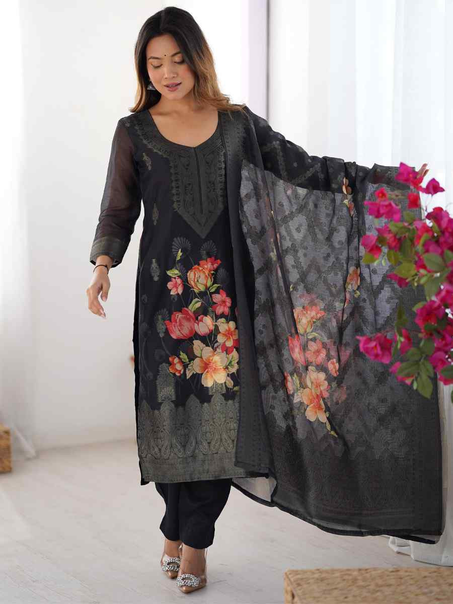 Black Chanderi Silk Printed Festival Casual Ready Pant Salwar Kameez