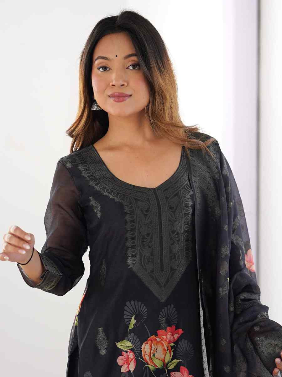 Black Chanderi Silk Printed Festival Casual Ready Pant Salwar Kameez