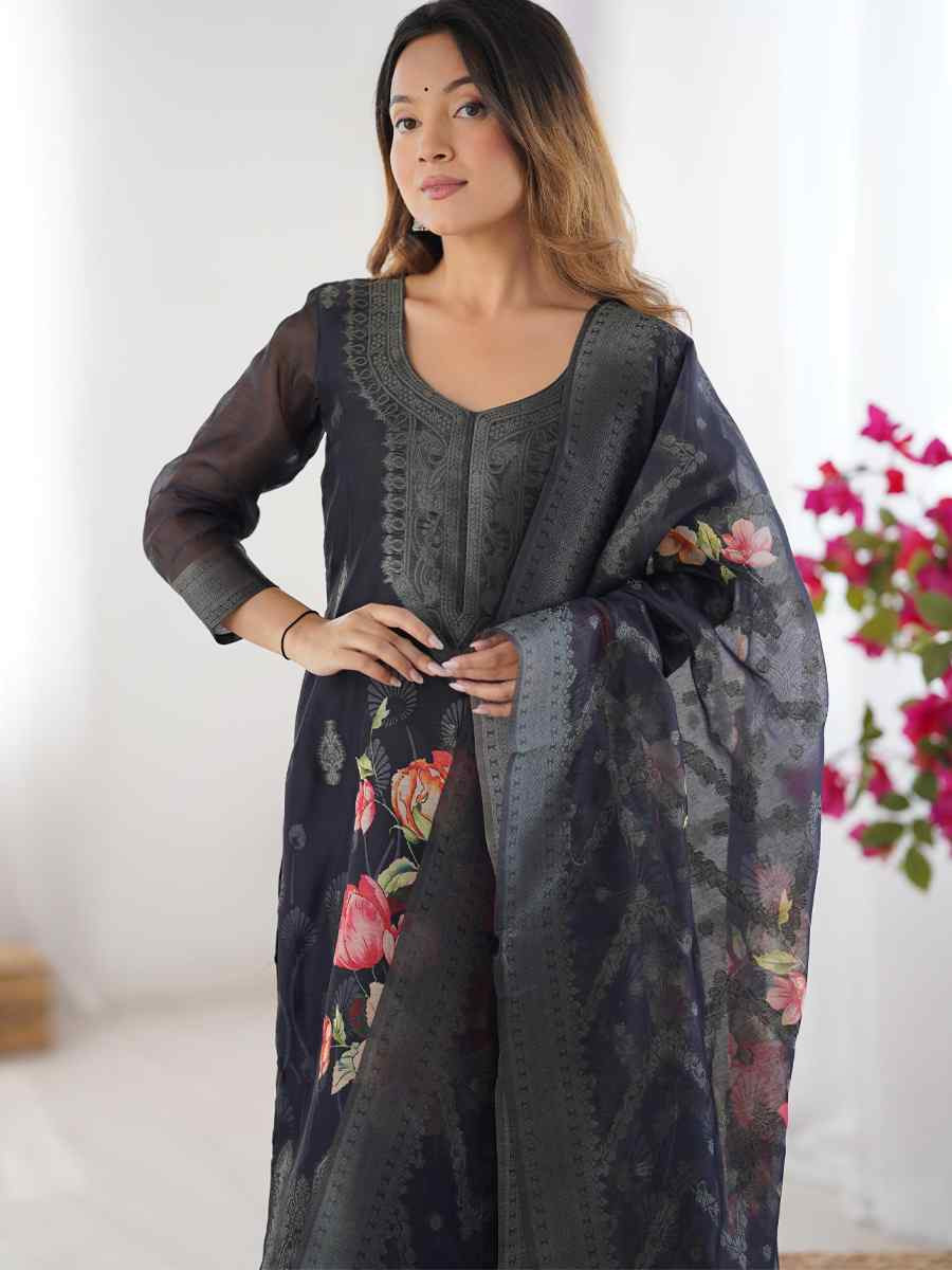 Black Chanderi Silk Printed Festival Casual Ready Pant Salwar Kameez