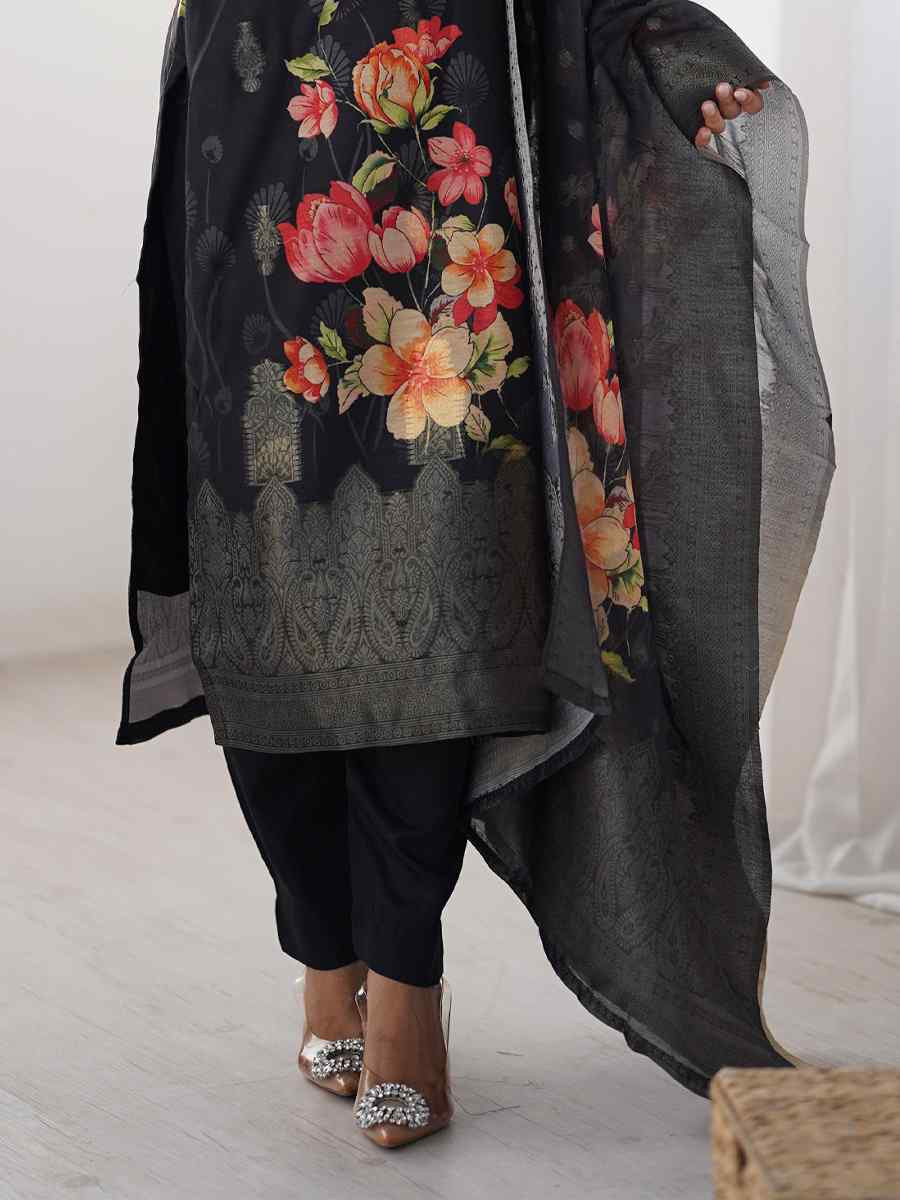 Black Chanderi Silk Printed Festival Casual Ready Pant Salwar Kameez