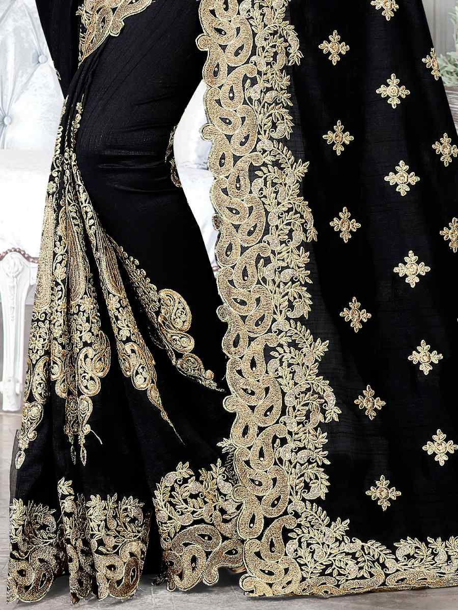 Black Cherry Silk Embroidered Wedding Festival Heavy Border Saree