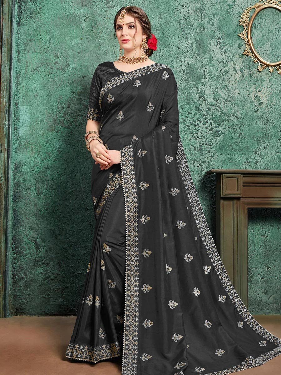 Black Chiffon Embroidered Festival Saree