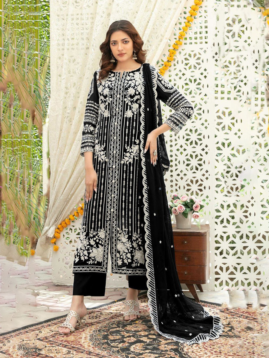 Black Chiffon Embroidery Sequins Wedding Party Festival Casual Palazzo Pant Salwar Kameez