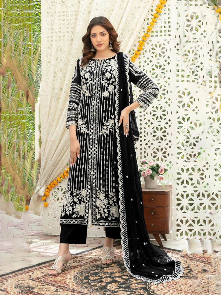 Image of Black Chiffon Embroidery Sequins Wedding Party Festival Casual Palazzo Pant Salwar Kameez