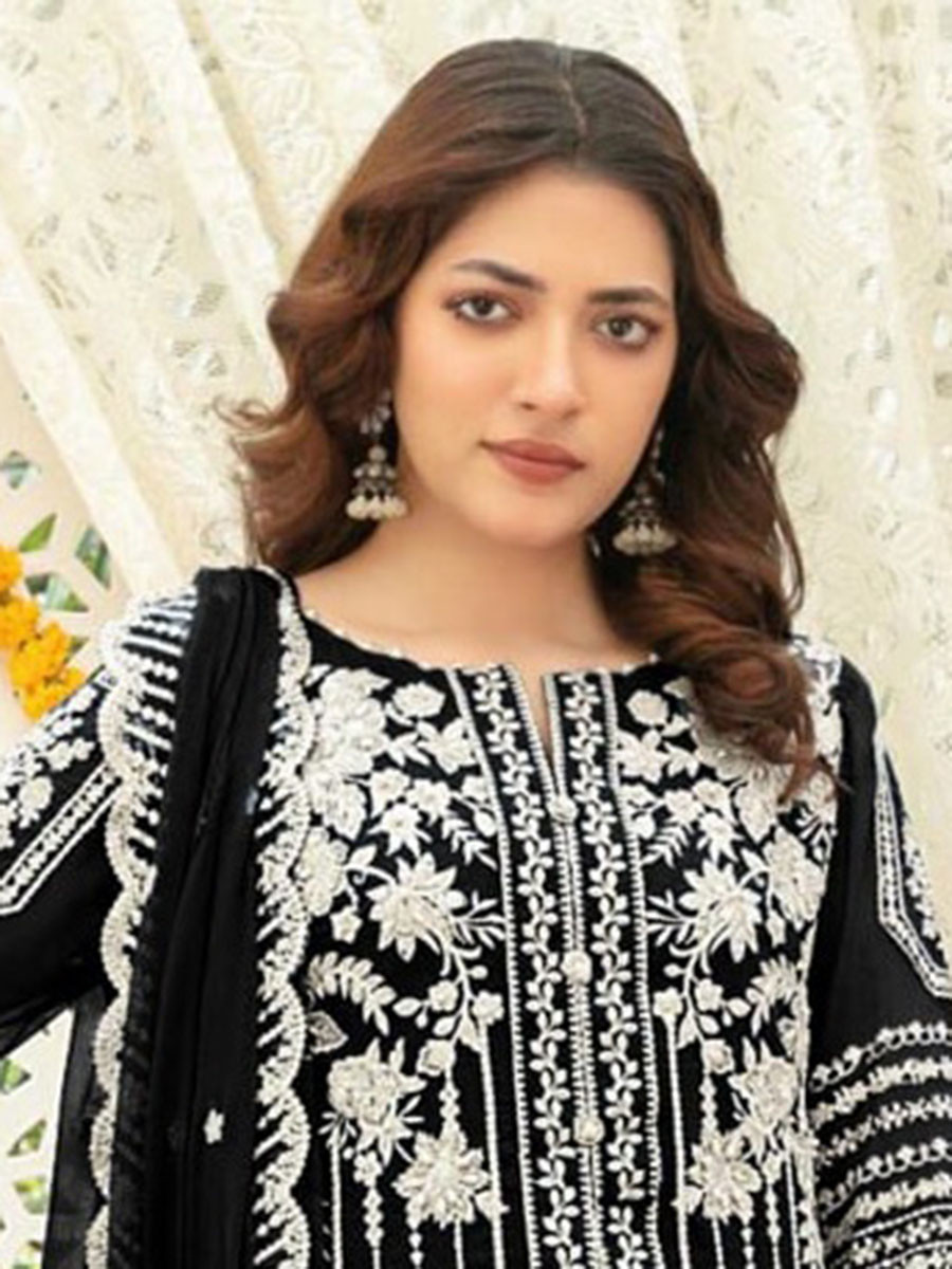 Black Chiffon Embroidery Sequins Wedding Party Festival Casual Palazzo Pant Salwar Kameez