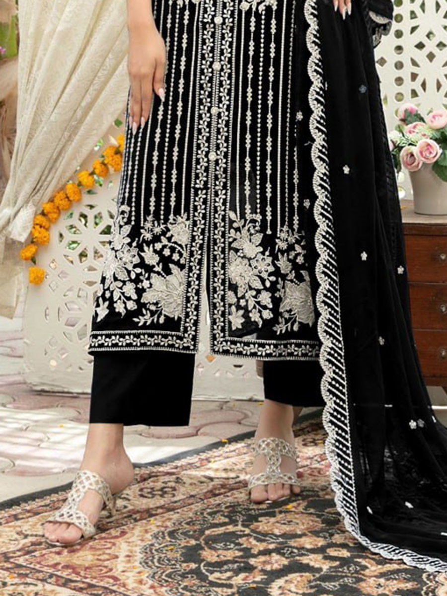 Black Chiffon Embroidery Sequins Wedding Party Festival Casual Palazzo Pant Salwar Kameez
