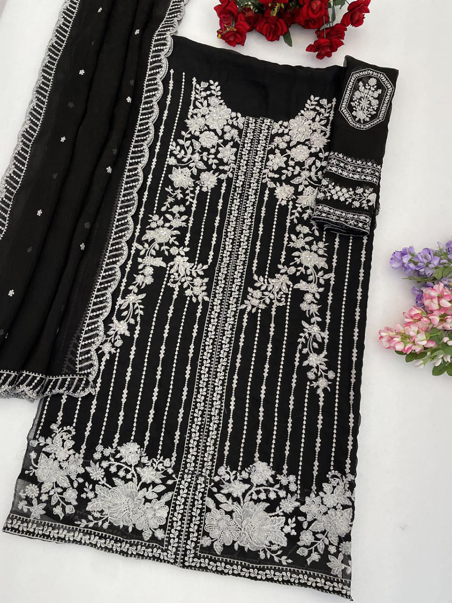 Black Chiffon Embroidery Sequins Wedding Party Festival Casual Palazzo Pant Salwar Kameez