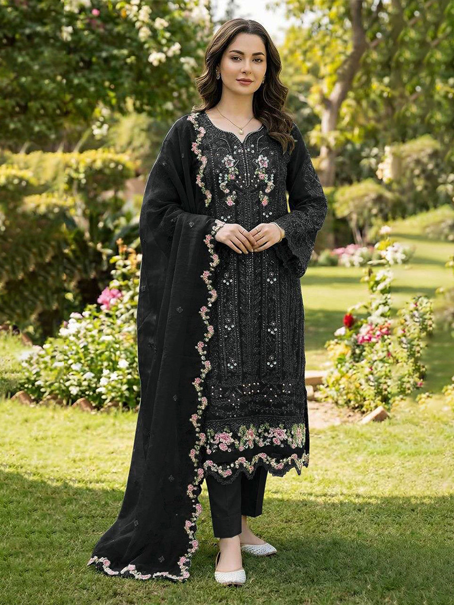 Black Chiffon Embroidery Sequins Zari Wedding Party Festival Casual Pant Salwar Kameez
