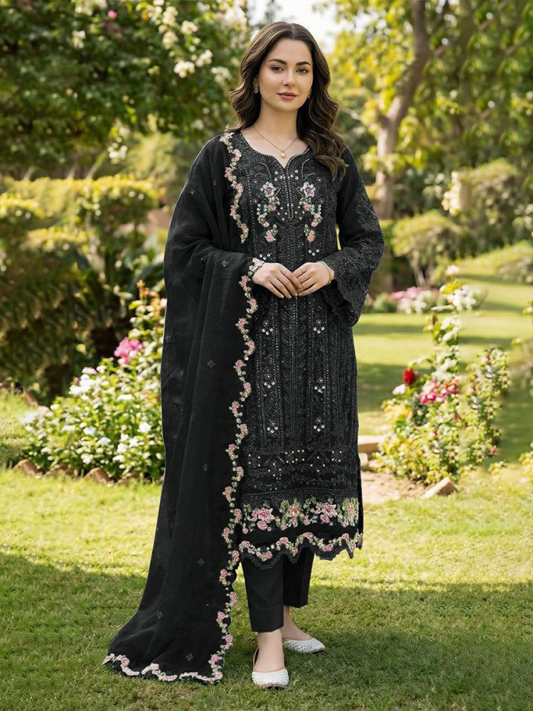 Image of Black Chiffon Embroidery Sequins Zari Wedding Party Festival Casual Pant Salwar Kameez
