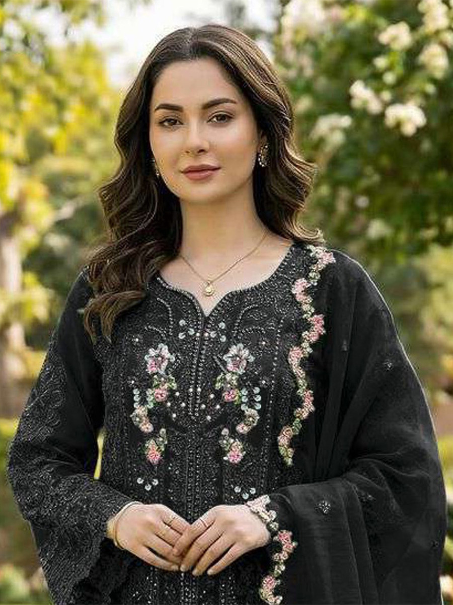 Black Chiffon Embroidery Sequins Zari Wedding Party Festival Casual Pant Salwar Kameez