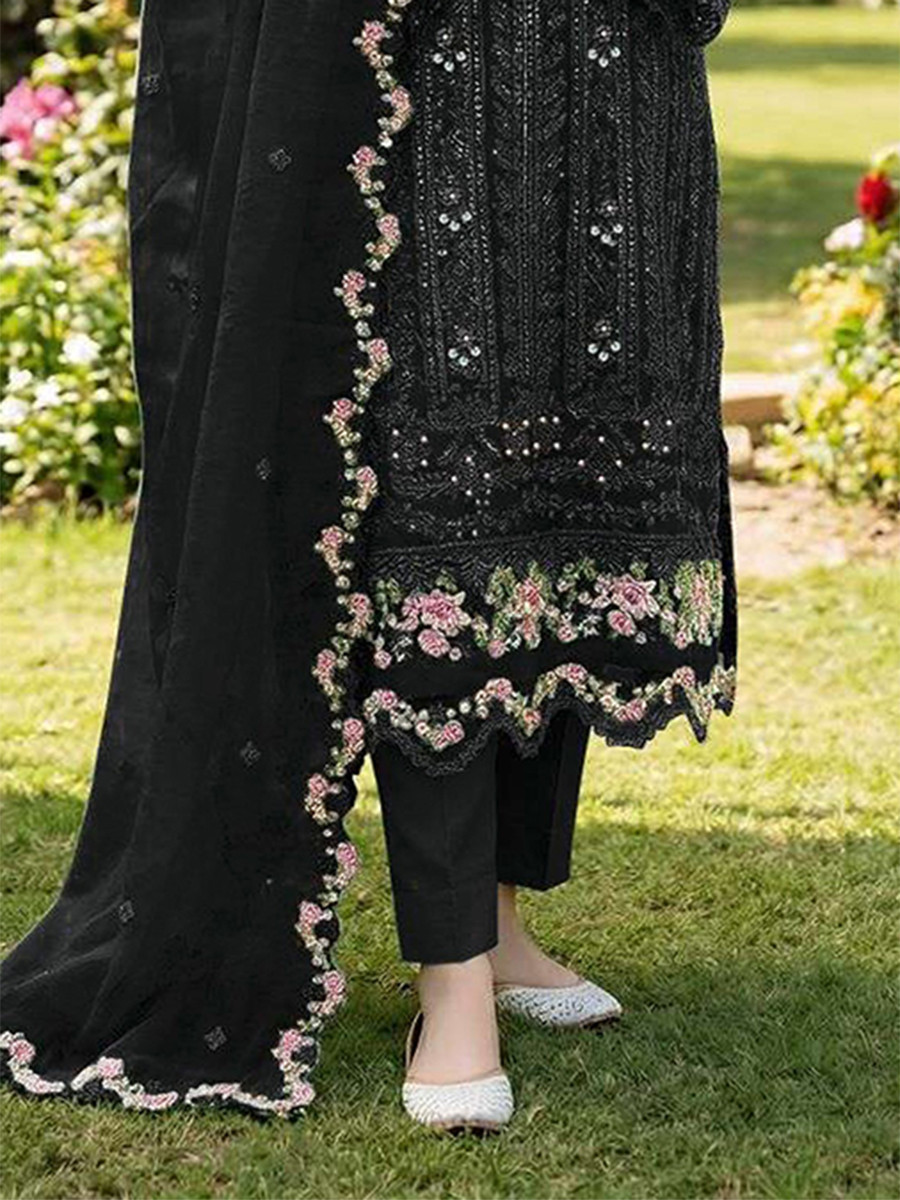 Black Chiffon Embroidery Sequins Zari Wedding Party Festival Casual Pant Salwar Kameez