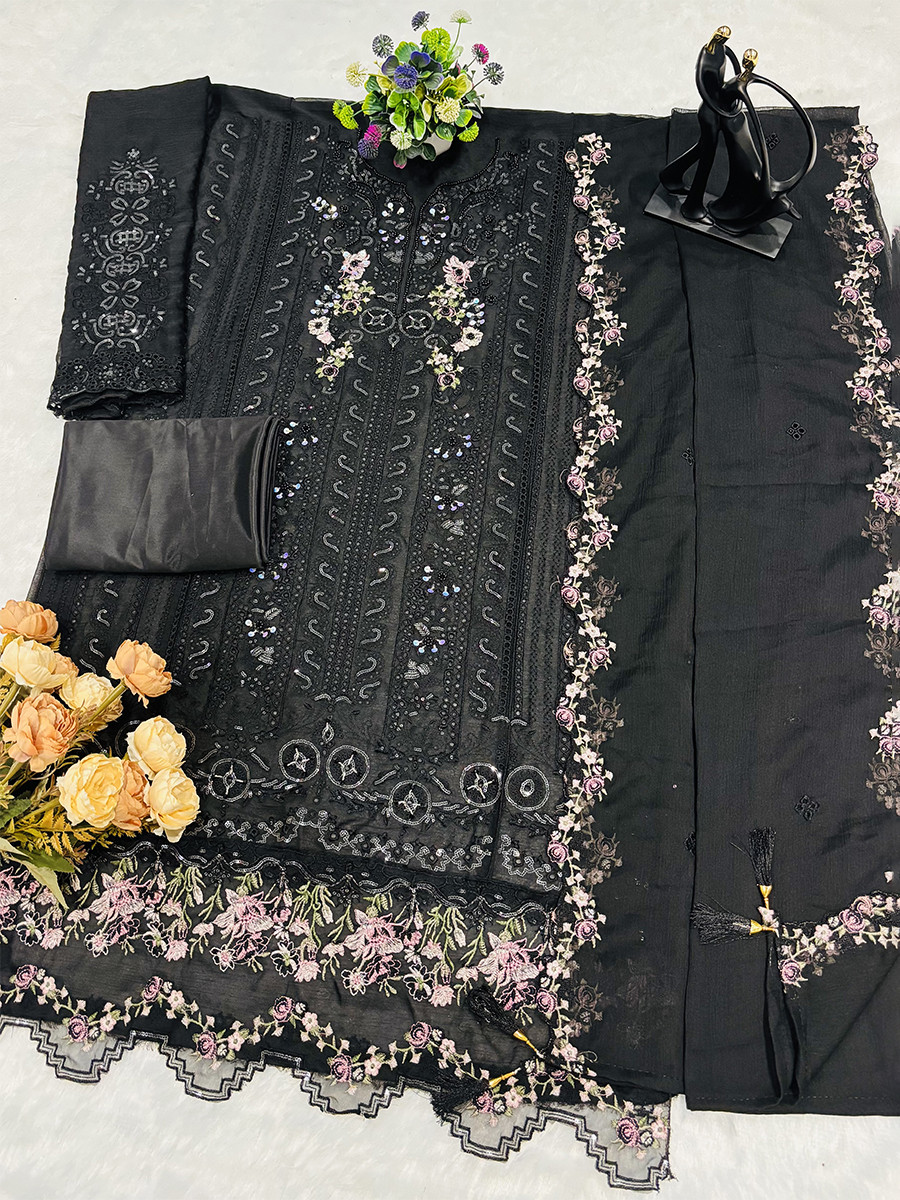 Black Chiffon Embroidery Sequins Zari Wedding Party Festival Casual Pant Salwar Kameez