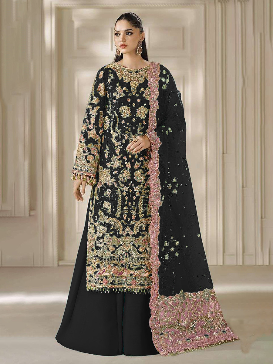 Black Chiffon Embroidery Zari Sequins Wedding Party Festival Casual Palazzo Pant Salwar Kameez