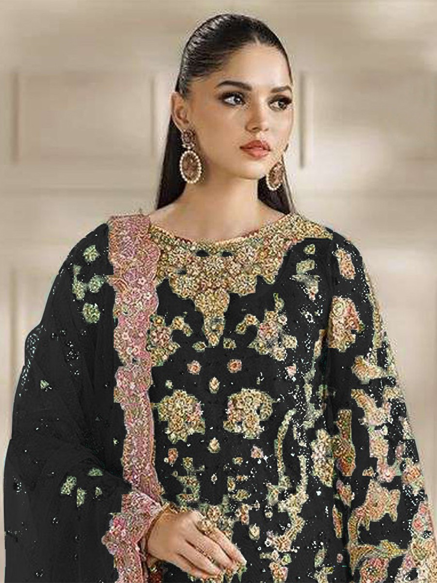 Black Chiffon Embroidery Zari Sequins Wedding Party Festival Casual Palazzo Pant Salwar Kameez