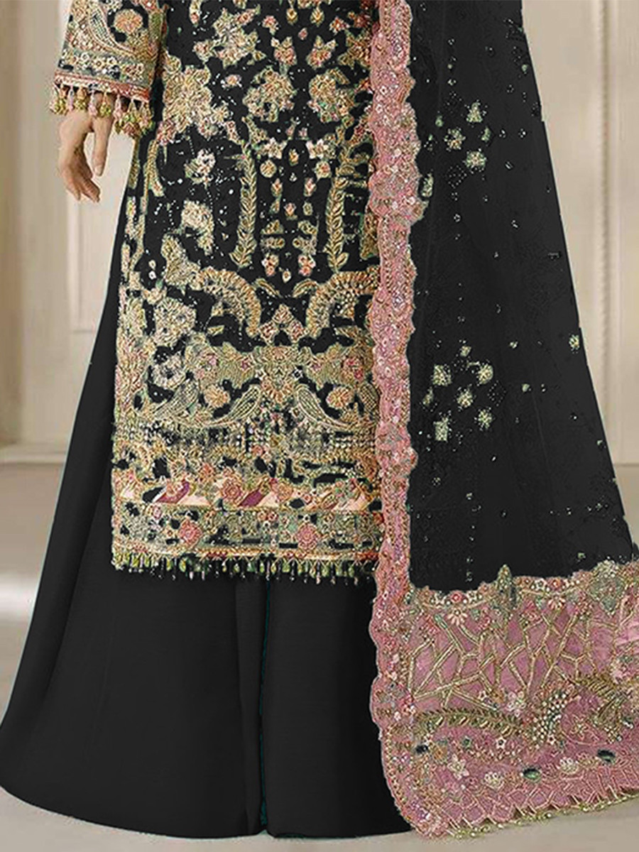Black Chiffon Embroidery Zari Sequins Wedding Party Festival Casual Palazzo Pant Salwar Kameez