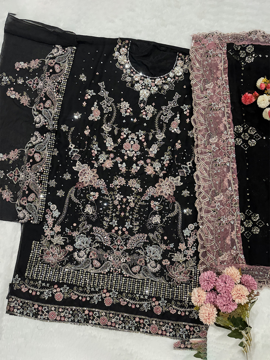 Black Chiffon Embroidery Zari Sequins Wedding Party Festival Casual Palazzo Pant Salwar Kameez