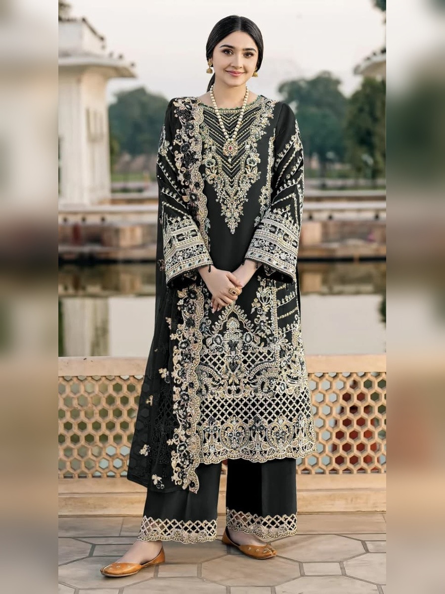 Black Chiffon Embroidery Zari Sequins Wedding Party Festival Casual Palazzo Pant Salwar Kameez