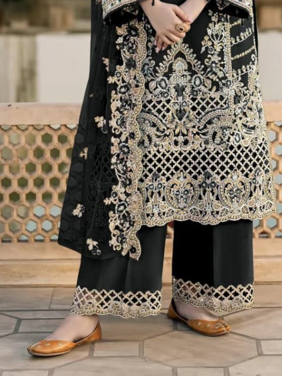 Black Chiffon Embroidery Zari Sequins Wedding Party Festival Casual Palazzo Pant Salwar Kameez